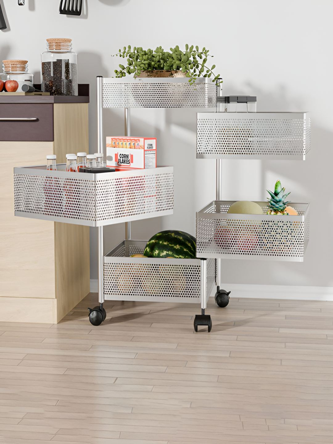 RUBOXA Silver-Toned 4+1 Layer Kitchen Storage Rack With Wheels Round Shape Multi-Purpose Kitchen Organizer