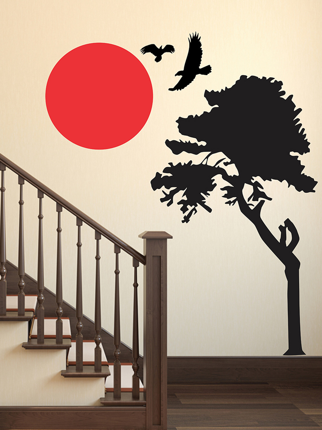 LANSTICK Red & Black Printed Tree With Birds & Sun Wall Sticker