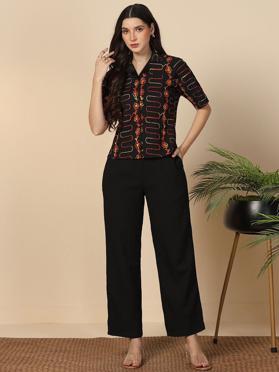 OMPAX Embroidered Shirt Collar Neck Shirt With Trousers Co-Ords