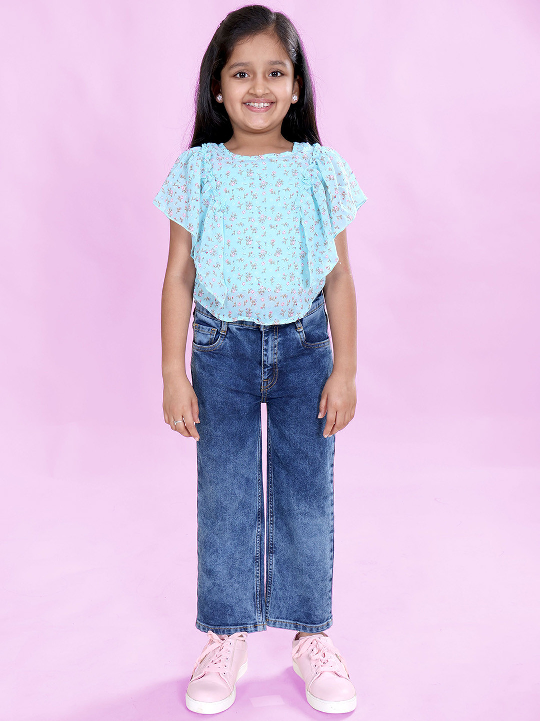 KiddoPanti Girls Printed Top & Denim Flared Utility Cargo Trousers