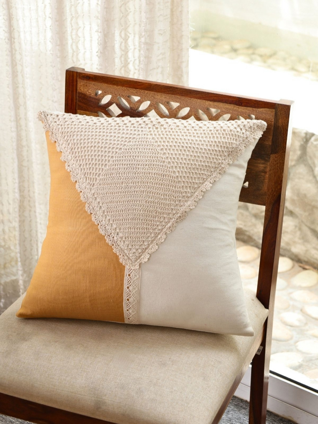 Peepul Tree Mustard & Off White Ethnic Motifs Square Cushion Covers