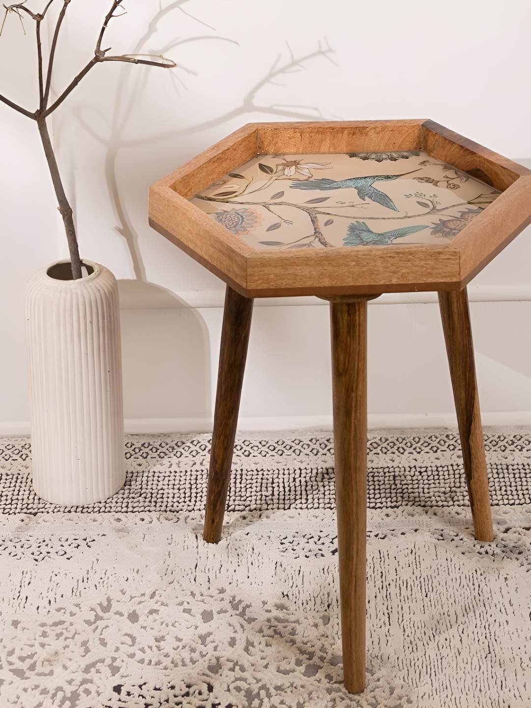 THREADVIBE LIVING Pink & Brown Bird Flower Printed Mango Wood Hexagon Shape End Table