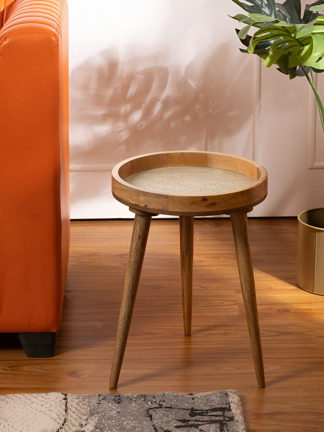 THREADVIBE LIVING White & Brown Printed Mango Wood Round Shape Side End Table