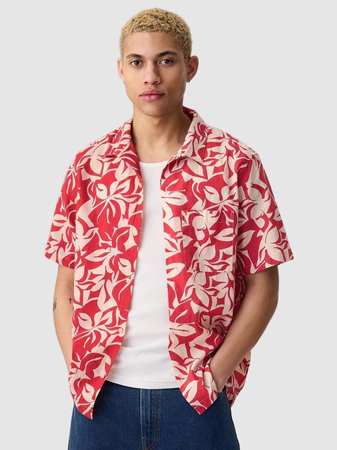 GAP Short Sleeve Floral Printed Linen Blend Shirt