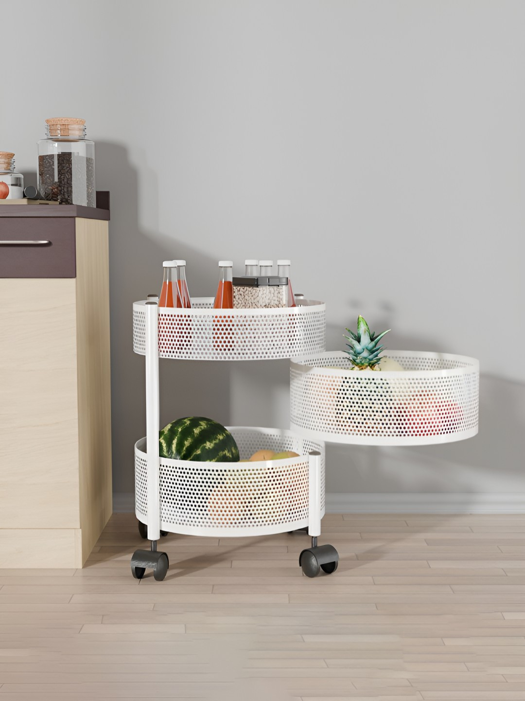 RUBOXA White 2+1 Layer Anti-Rust Round Shape Multi-Purpose Kitchen Organizer