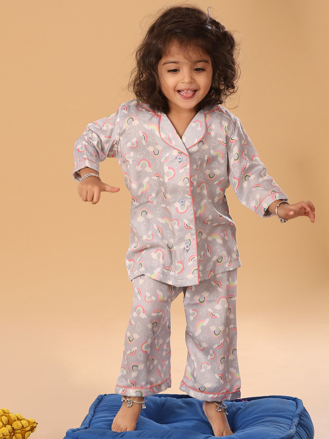 The Mini Trunk Grey Rainbow Printed Night Suit