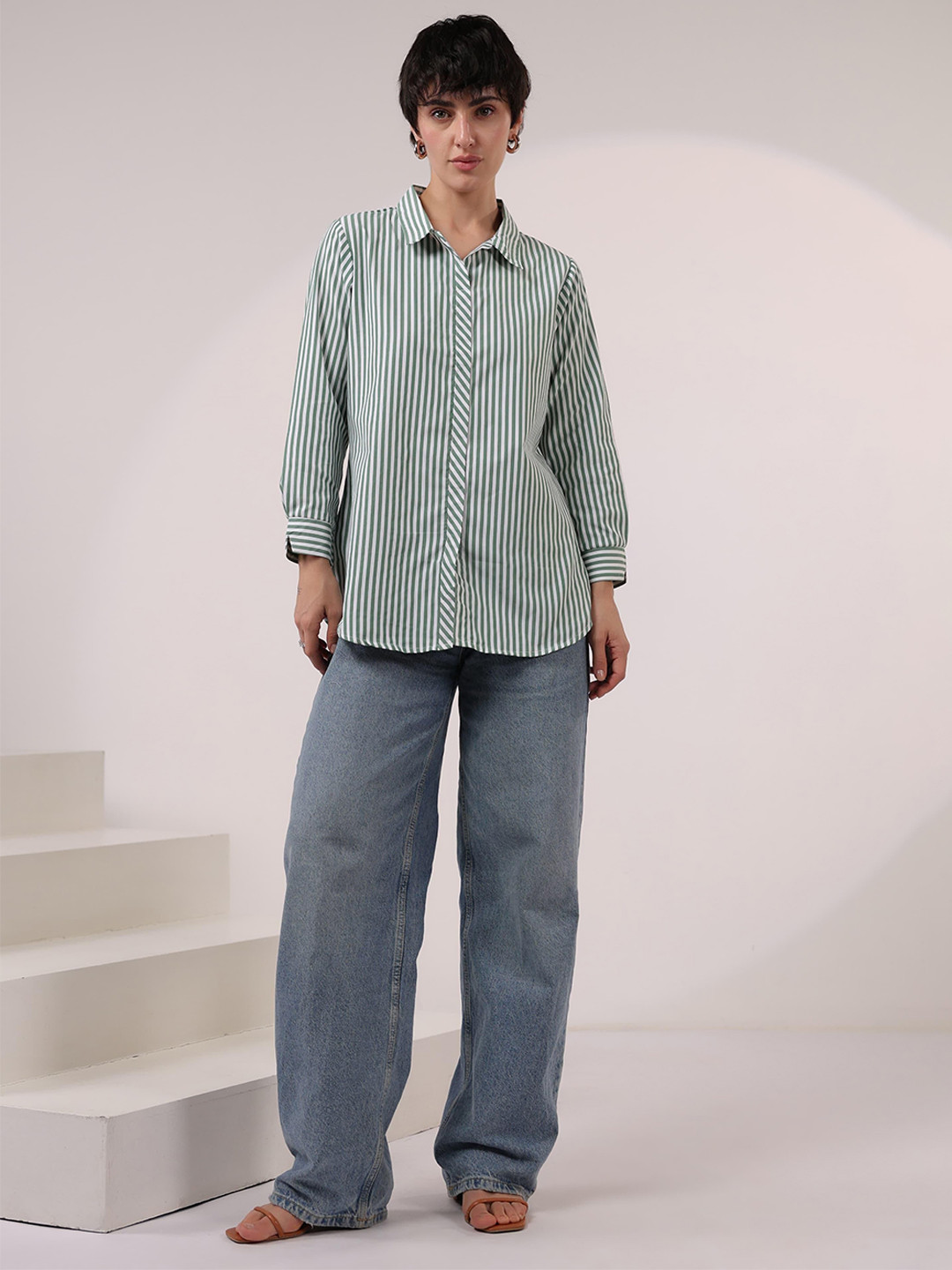 AUTUMN LANE Women Striped Cotton Shirt Collar Shirt Style Top