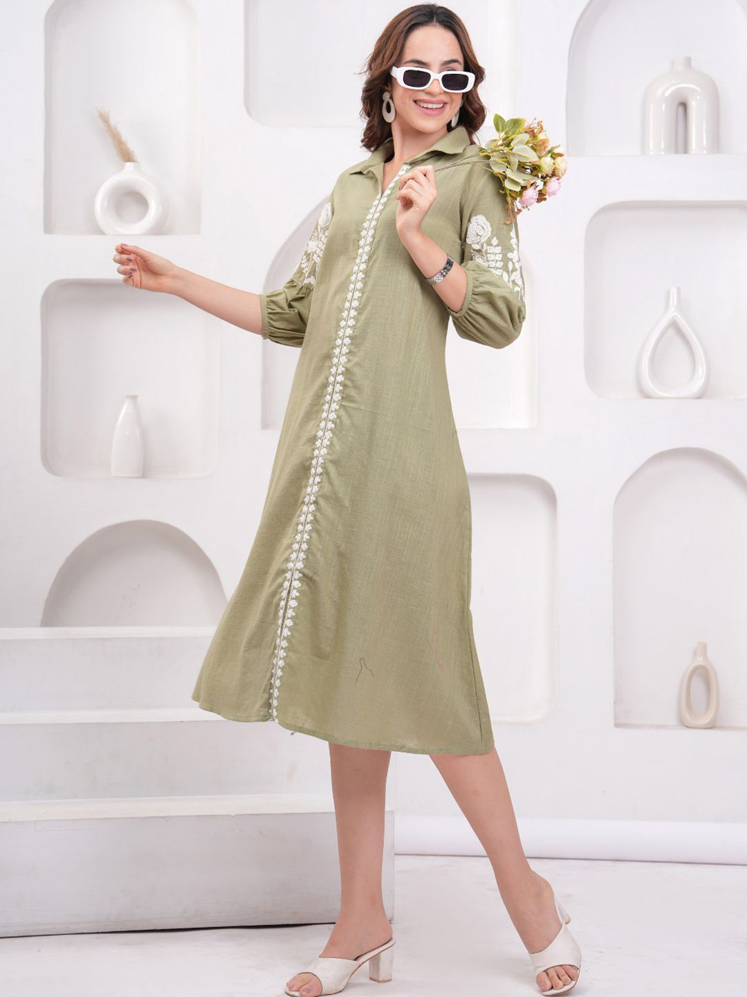 Zenava by Myntra Women Shirt Collar Bishop Sleeves A-Line Dress