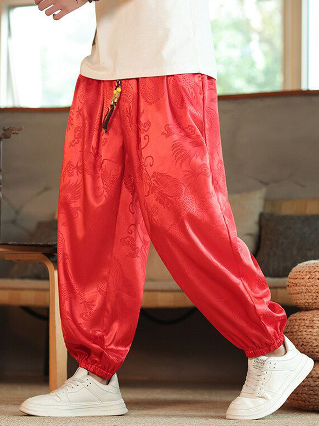 StyleCast x Revolte Men Self Design Loose Fit Mid-Rise Pleated Drop Crotch Trousers