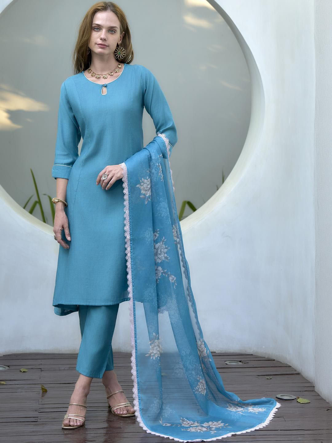 Hitarth Fashion Women Keyhole Neck Pure Cotton A-Line Kurti with Trousers & Dupatta