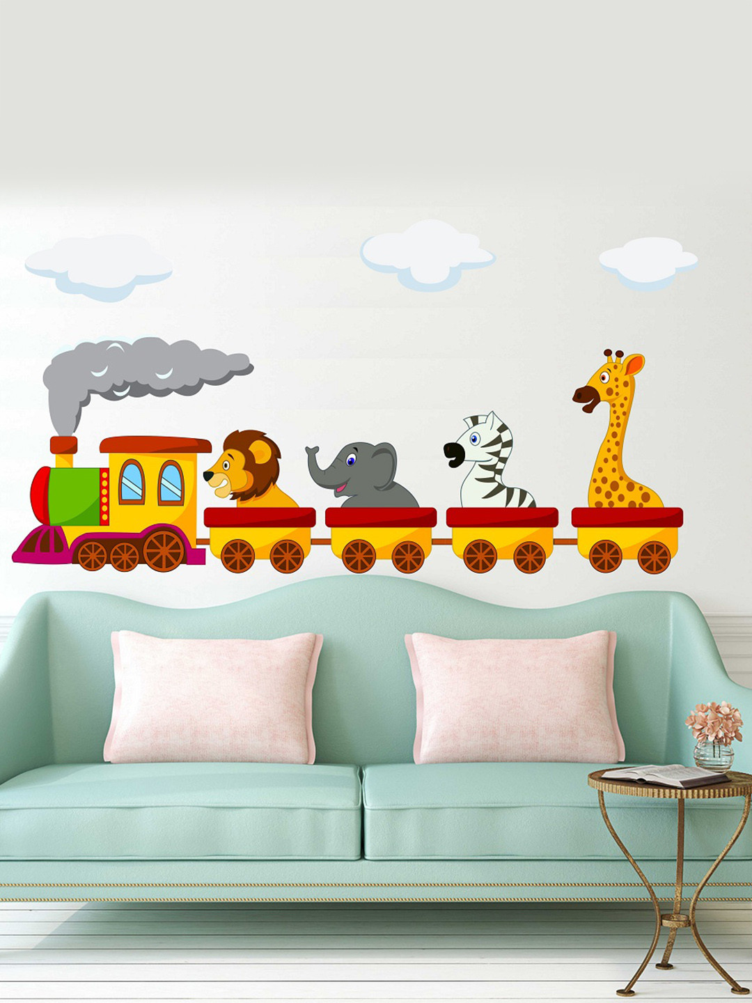 LANSTICK Yellow & Red Printed Wild Animals With Toy Train Wall Sticker