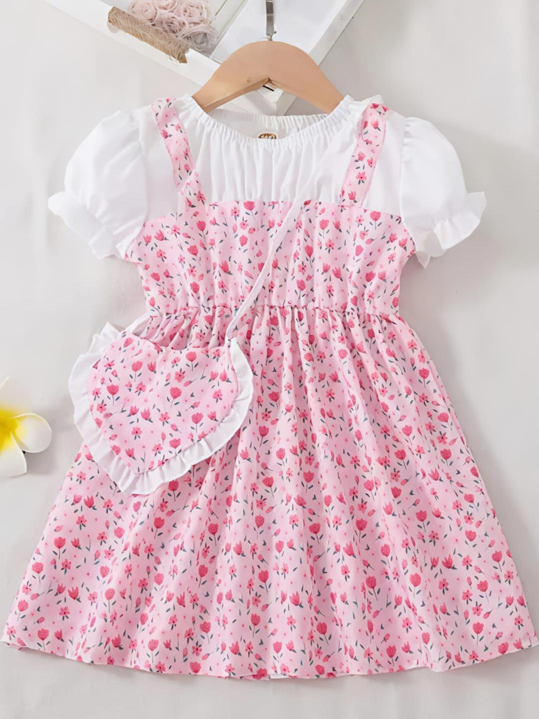 THOILLLING Girls  Pink Floral  Printed Dress with Bag