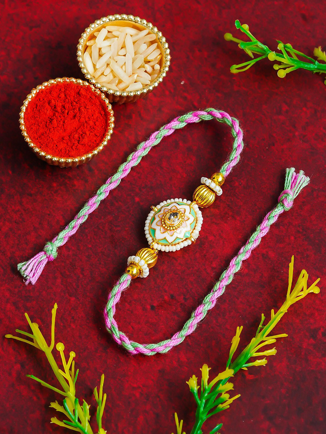 ahoora Kundan Studded & Pearls Beaded Thread Rakhi Chawal & Kumkum