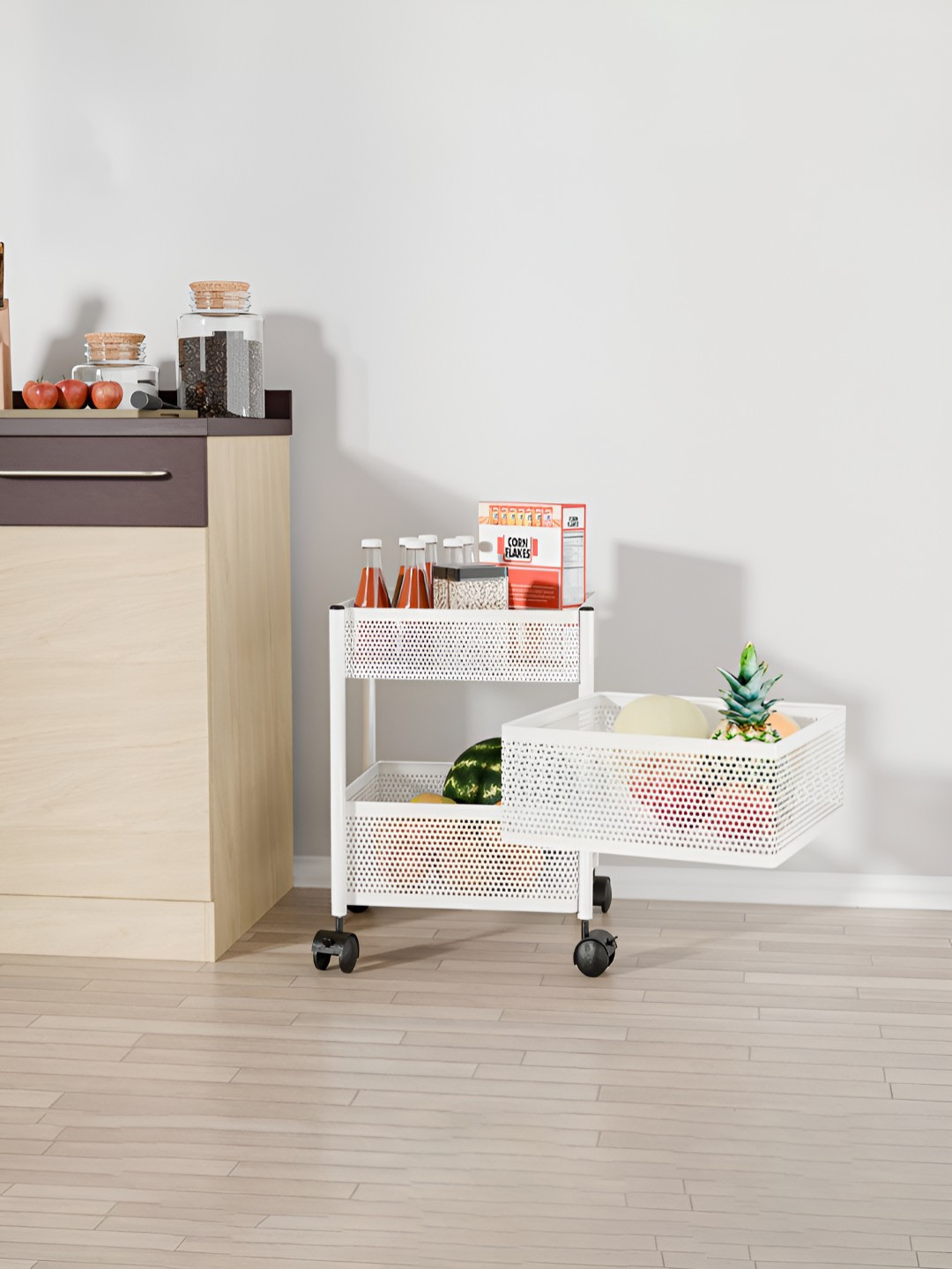 RUBOXA White Metal 2+1 Layer Kitchen Trolley Storage Rack With Wheels