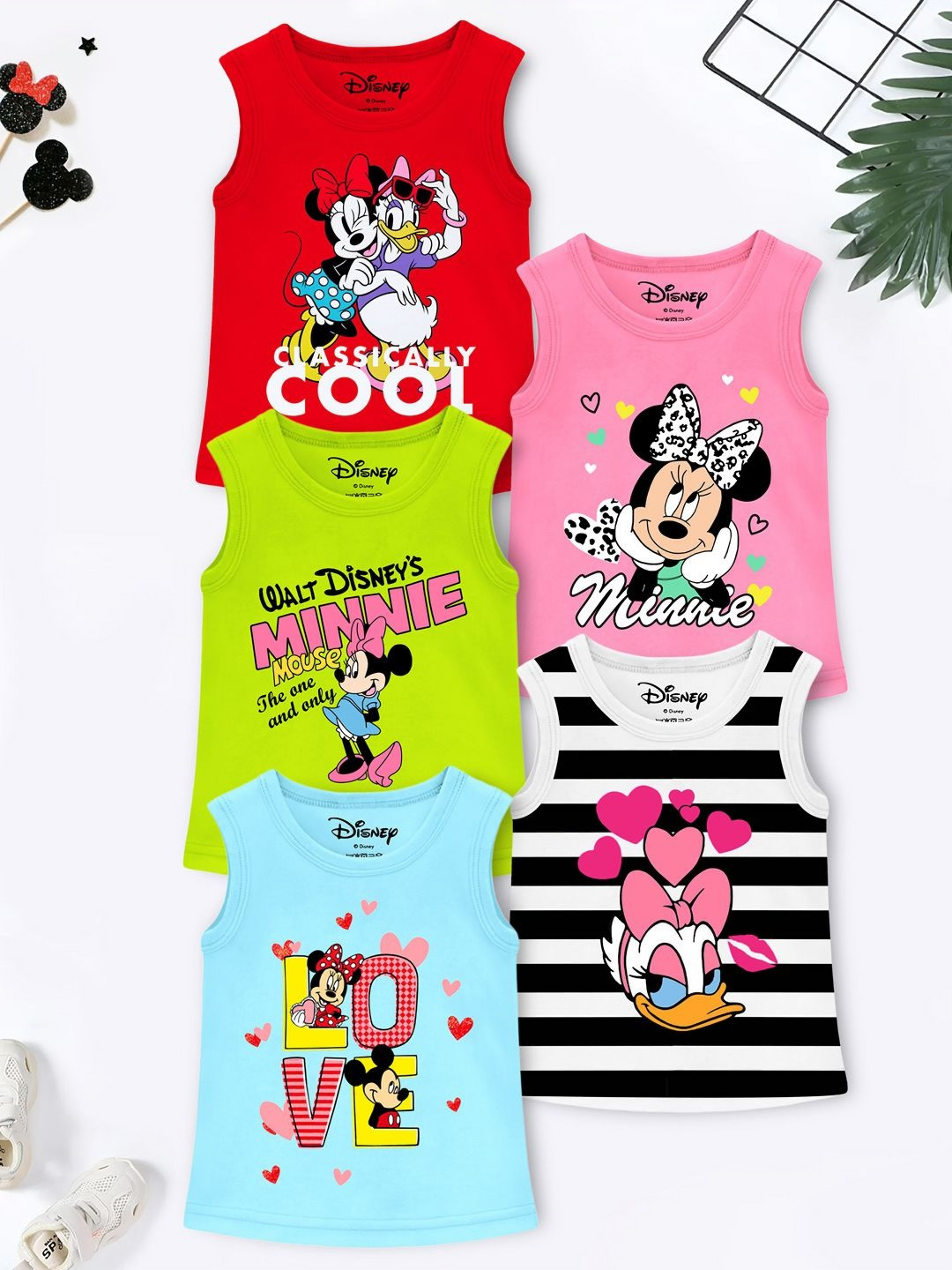 Disney By Miss and Chief Girl Pack Of 5 Humour And Comic Printed Sleeveless Cotton T-shirt