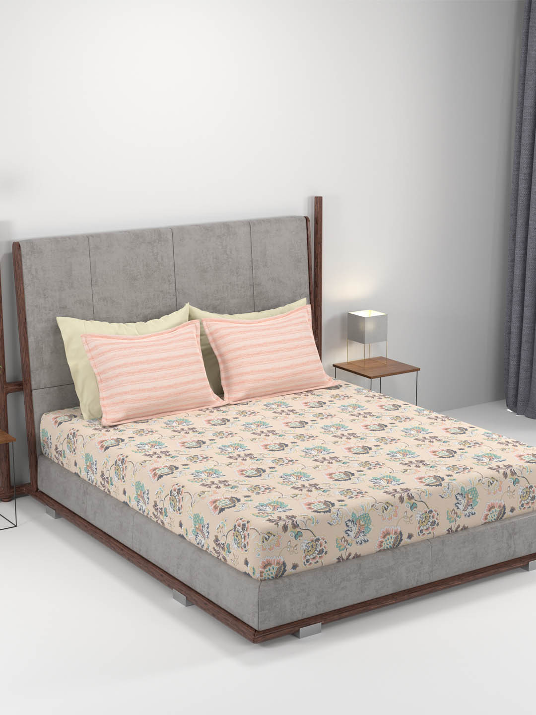 MYTRIDENT Home Essential Peach-Coloured Floral Cotton 144 TC King Bedsheet Set-2.74mX2.74m