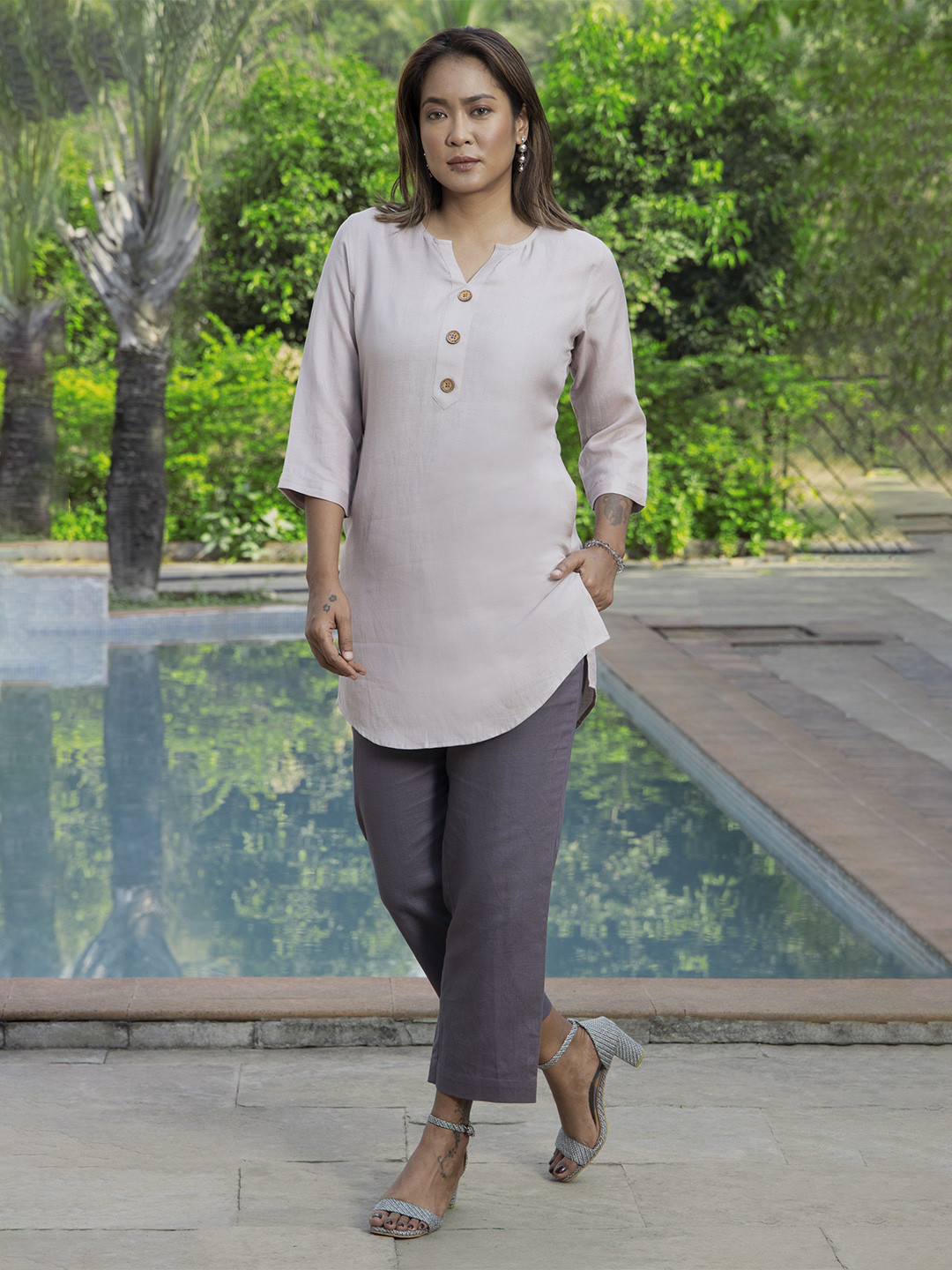 ROAR FOR GOOD Nude Hemp Short Kurti with Round Neck Coconut Button & Side Pockets