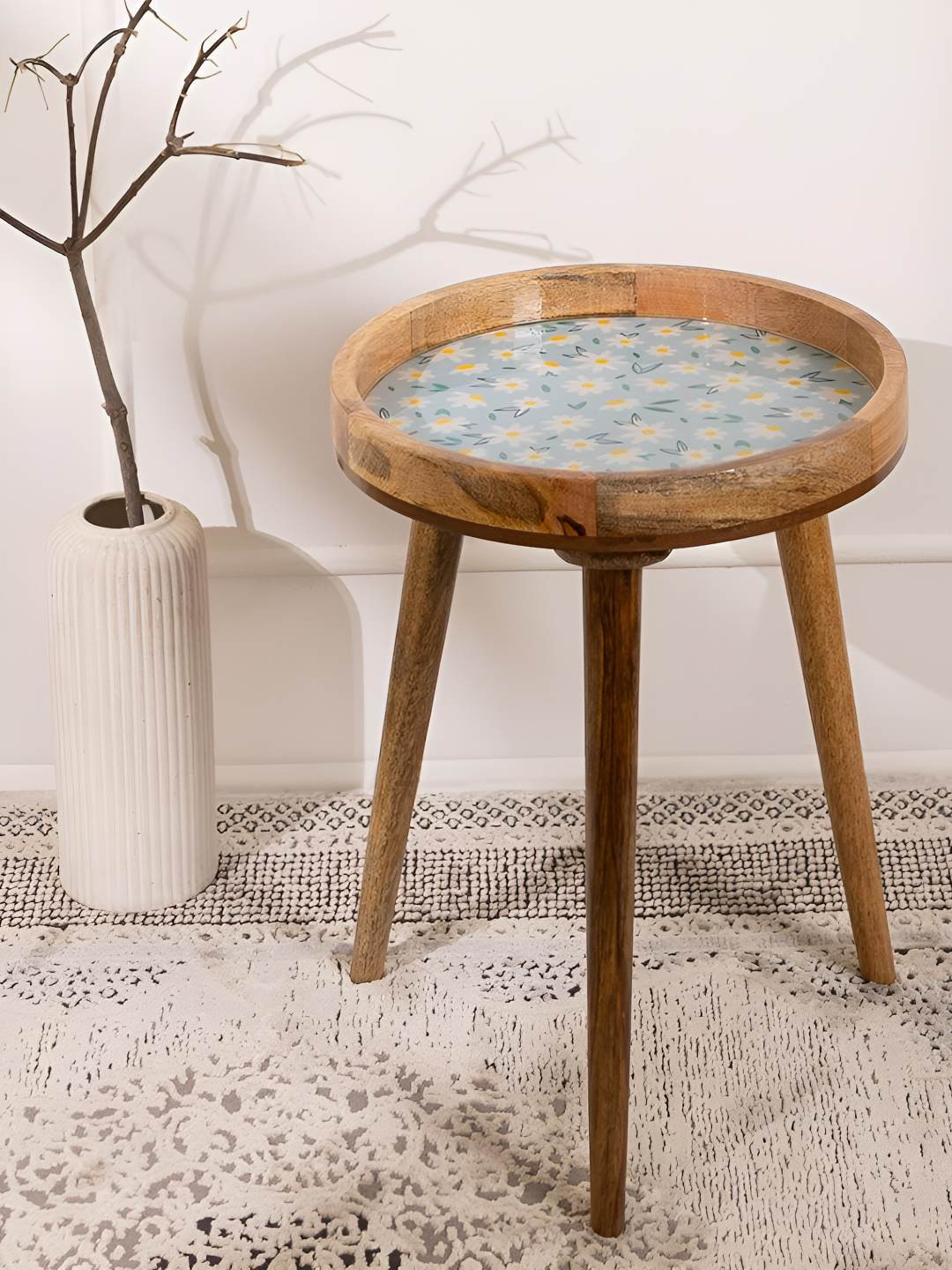 THREADVIBE LIVING Blue & Brown Sunflower Printed Mango Wood Round Shape End Table