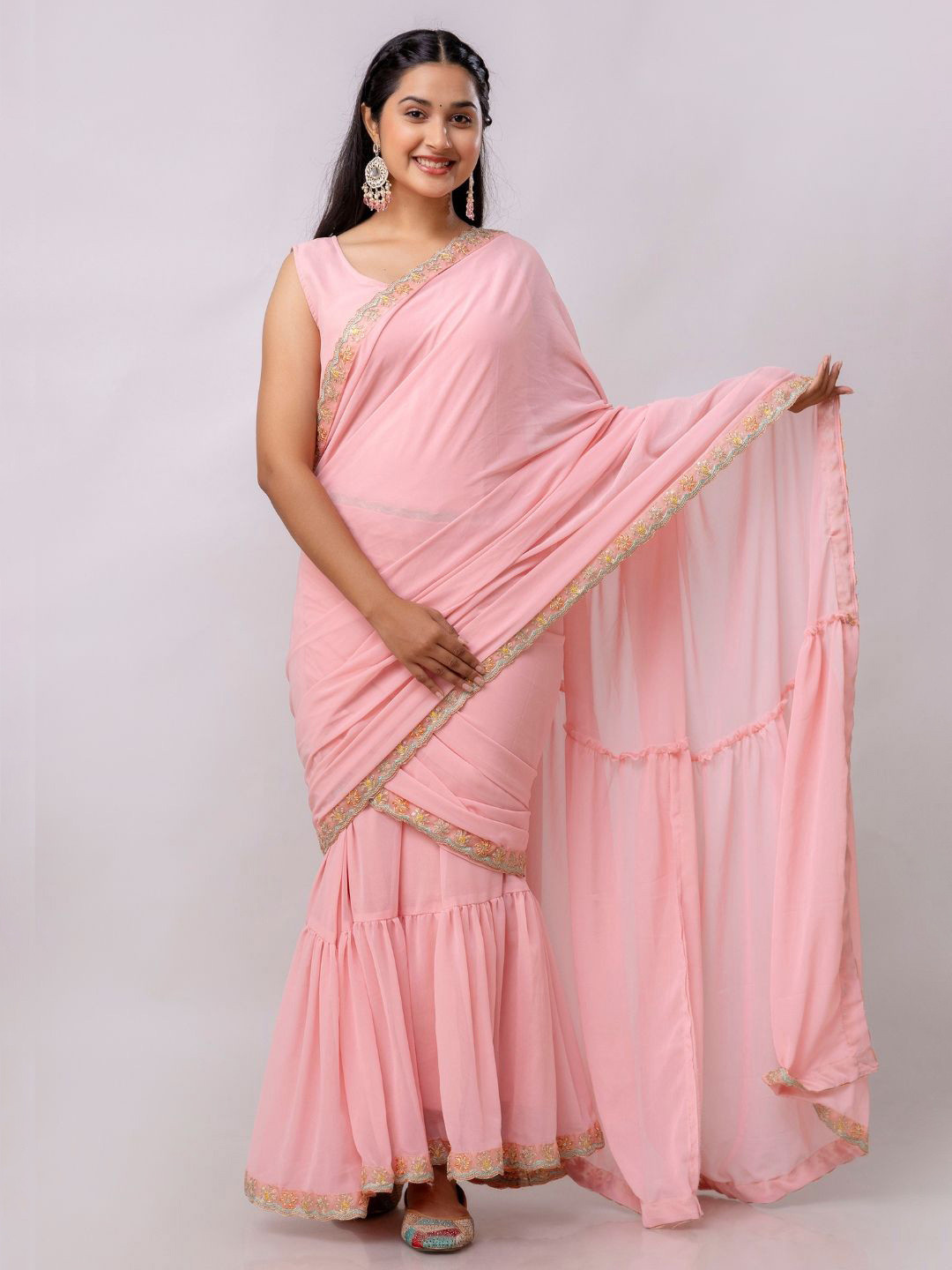 HERE&NOW Embroidered Border Pure Georgette Ready to Wear Gown Saree