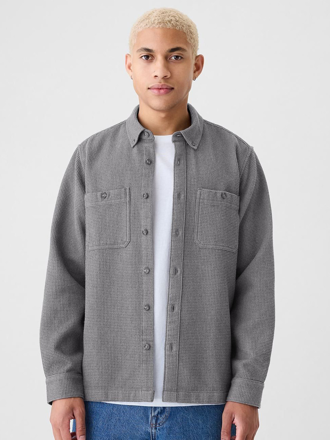 GAP Classic Fit Textured Button-Down Collar Waffle Knit Flannel Shirt