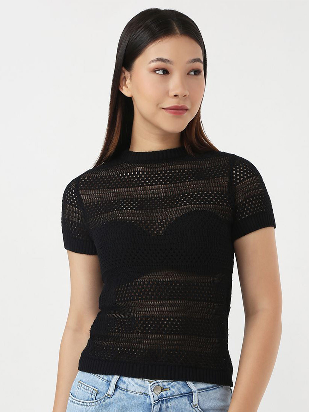 Kraus Jeans Women Self Design Semi Sheer High Neck Cotton Top