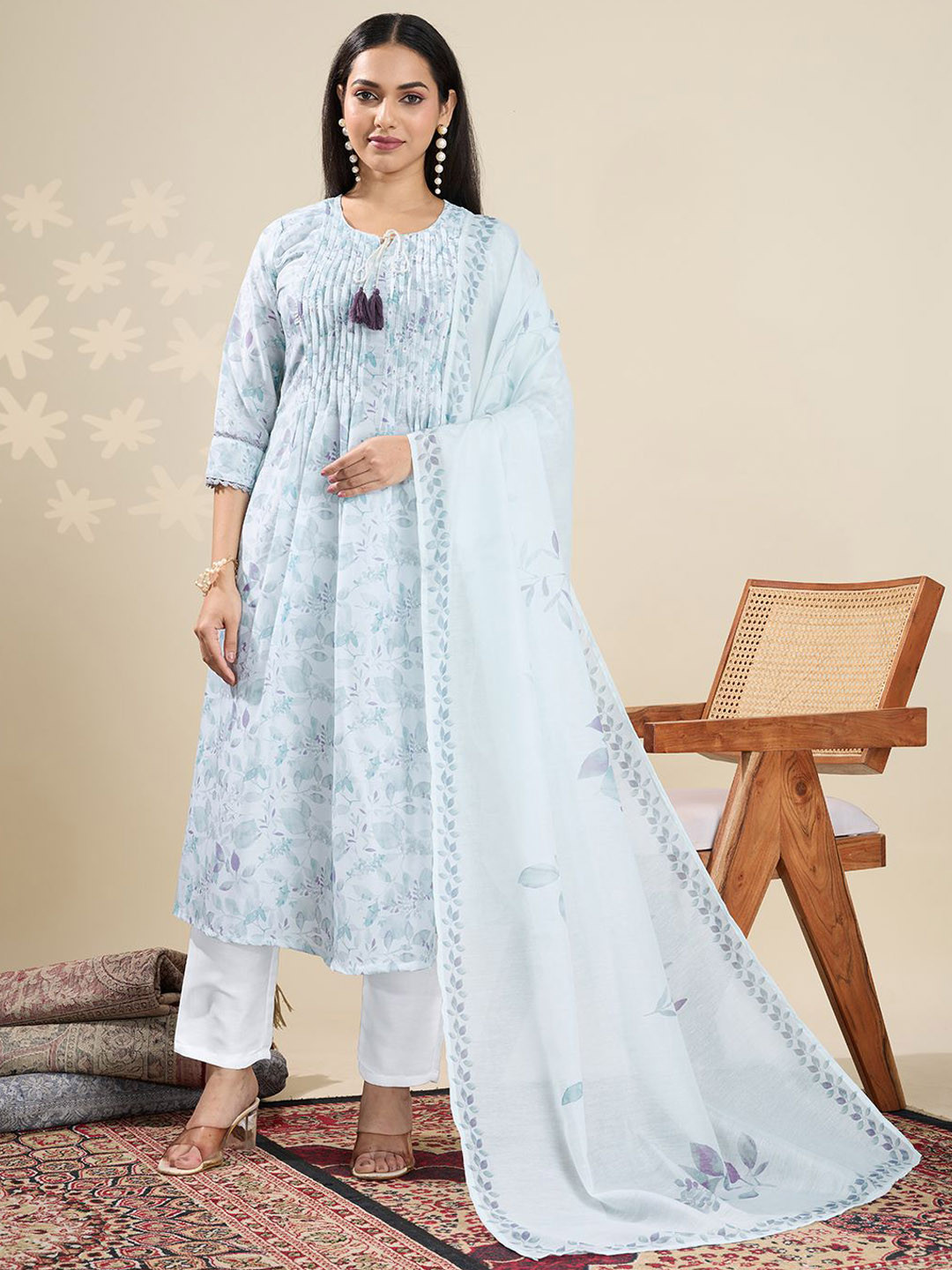 TASRIKA Floral Printed Pleated Beads And Stones A-Line Kurta With Trousers & Dupatta