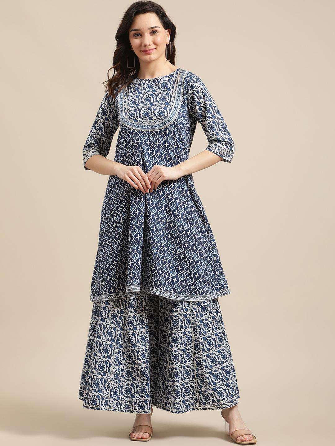 KSUT Floral Printed Round Neck Screen Gotta Patti Pure Cotton Kurta & Sharara Set