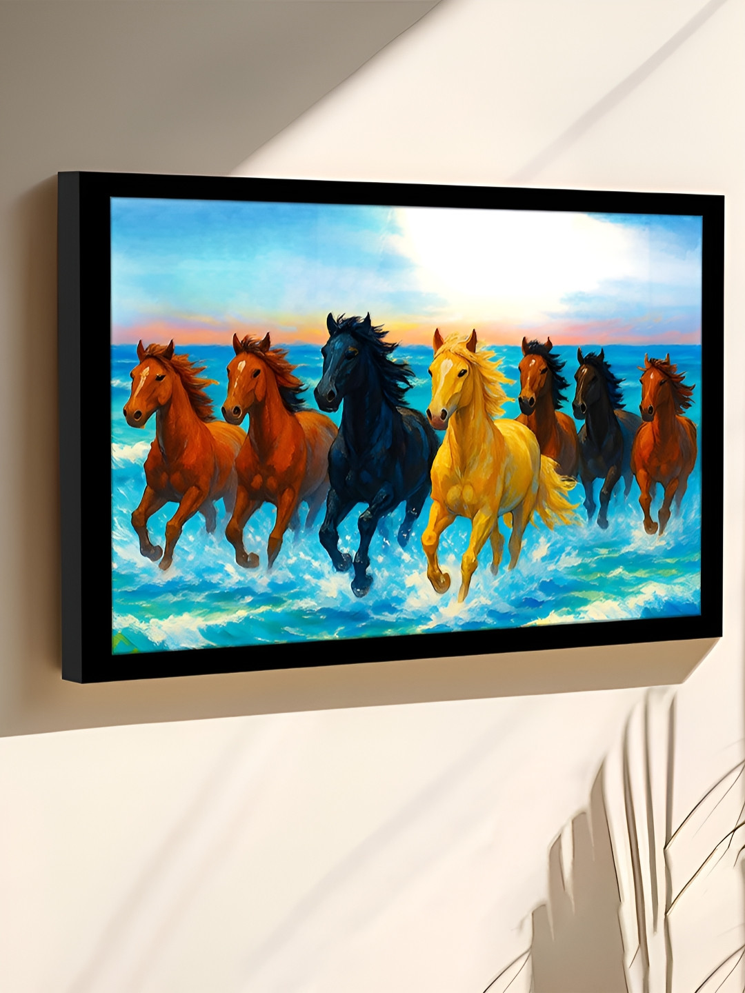 Art Street Blue & Brown Seven Running Horses Behind The Sea Wooden Wall Art