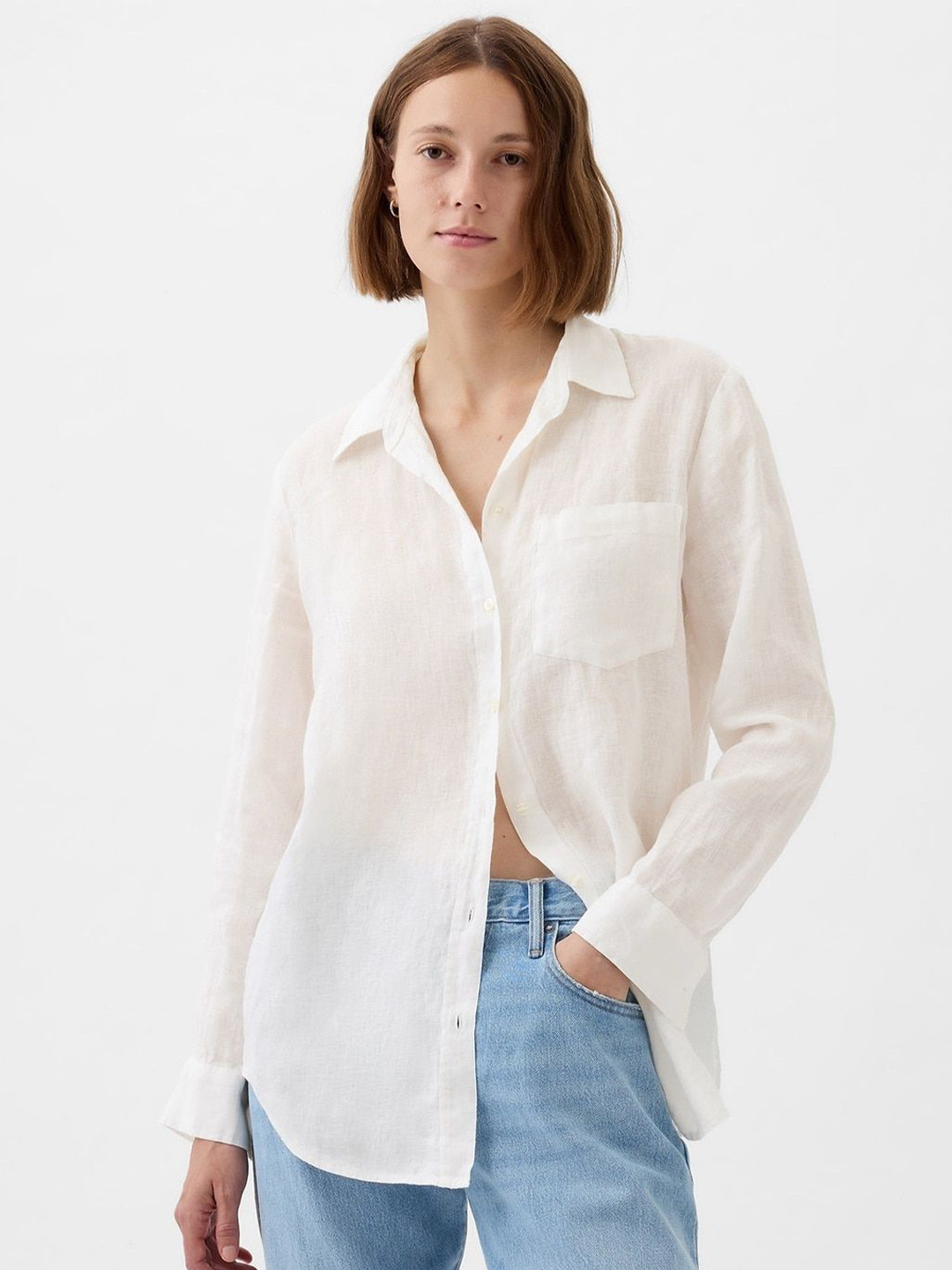 GAP Boyfriend-Fit Spread Collar Pure Linen Casual Regular Fit Shirt