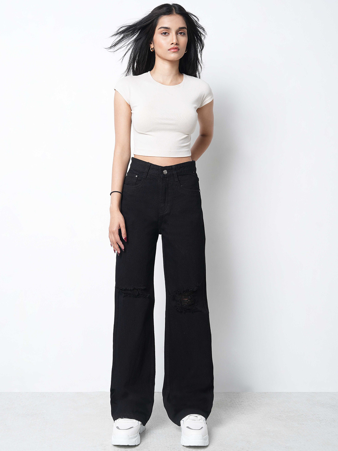 ZUYA Women Casual Super Wide Leg Non Stretch Torn Jeans