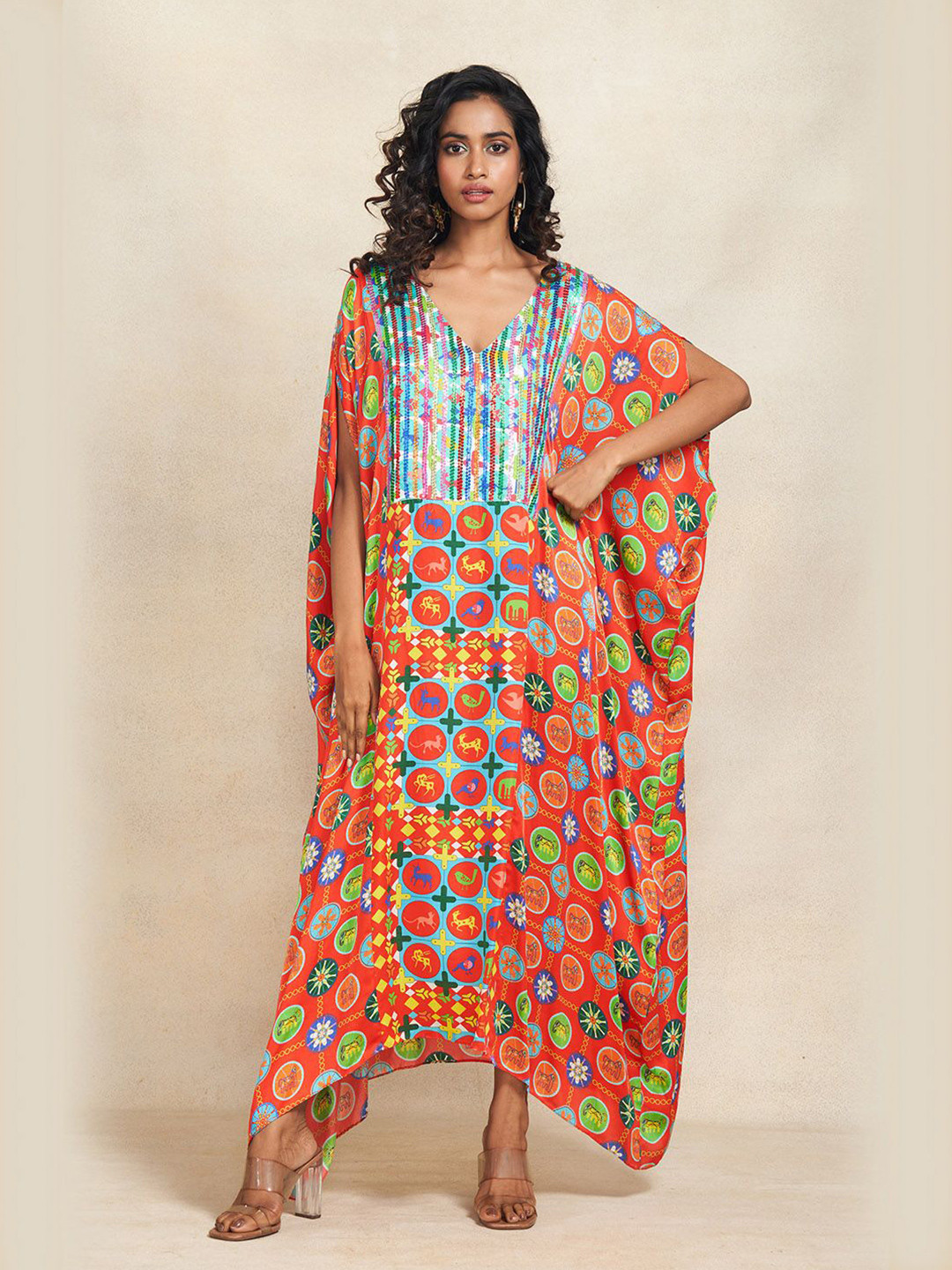 Gulabo by Abu Sandeep Women Conversational Print Embellished Thread Work Kaftan Kurta