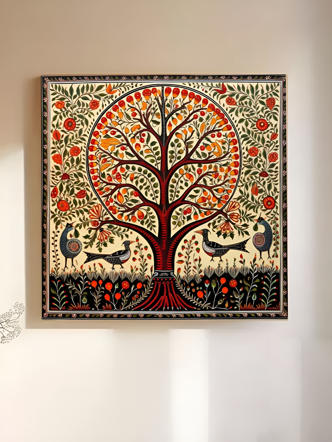 Myntra Elegant Homes Yellow & Red Madhubani Art Of Tree And Birds Canvas Wall Art