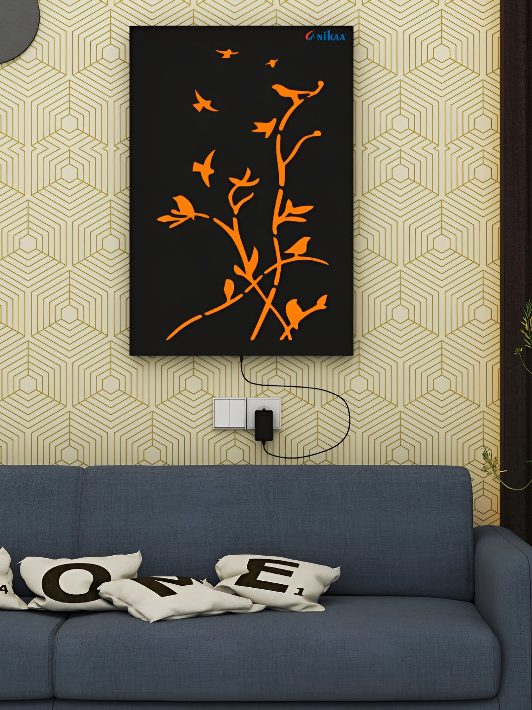 ANIKAA GlowWings Black & Orange-Colored Wooden Birds & Branches Design Wall Art