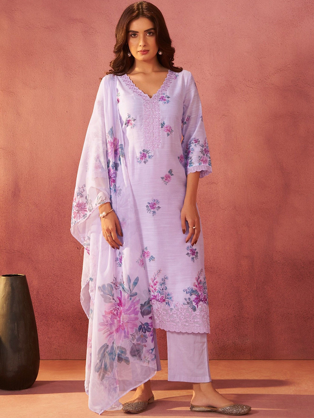 AUTUMN LANE Lalitha Iris Floral Printed Thread Work Linen Kurta With Trousers & Dupatta