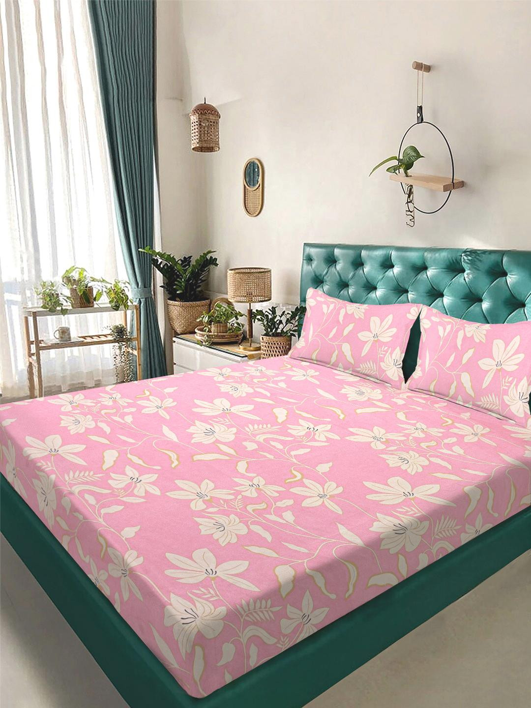 KLOTTHE Pink Floral 300 TC King Bedsheet with 2 Pillow Covers