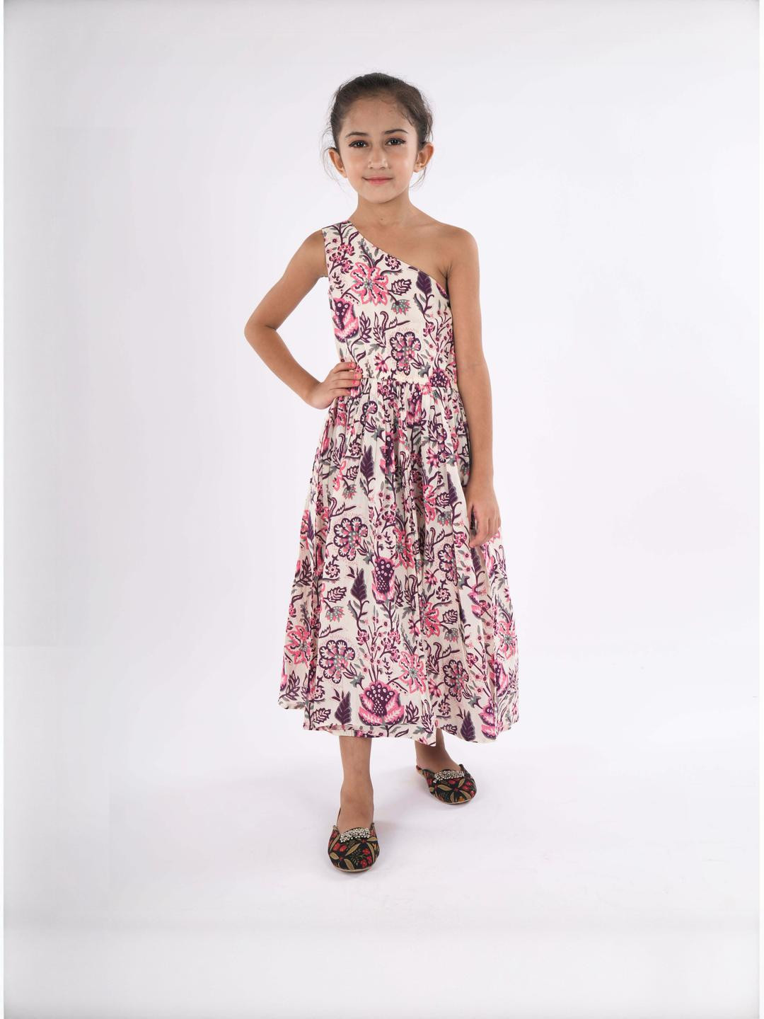 Fabjunior Girls Floral Printed One Shoulder Dresses