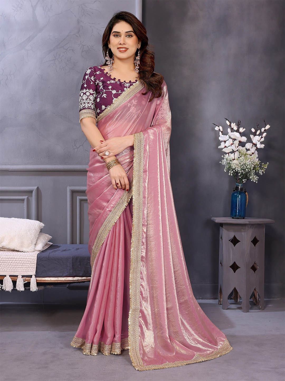 LeeliPeeri Designer Zari Satin Saree With Embroidered Lace Border