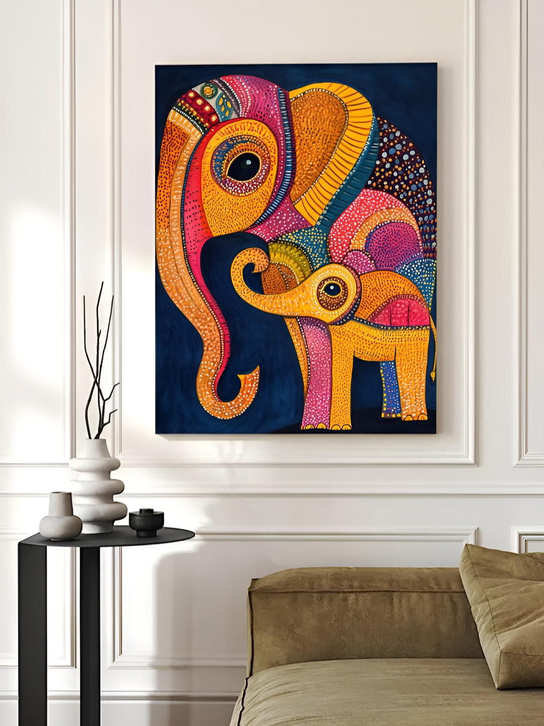 Myntra Elegant Homes Blue & Yellow Gond Art of Elephants Canvas Wall Art