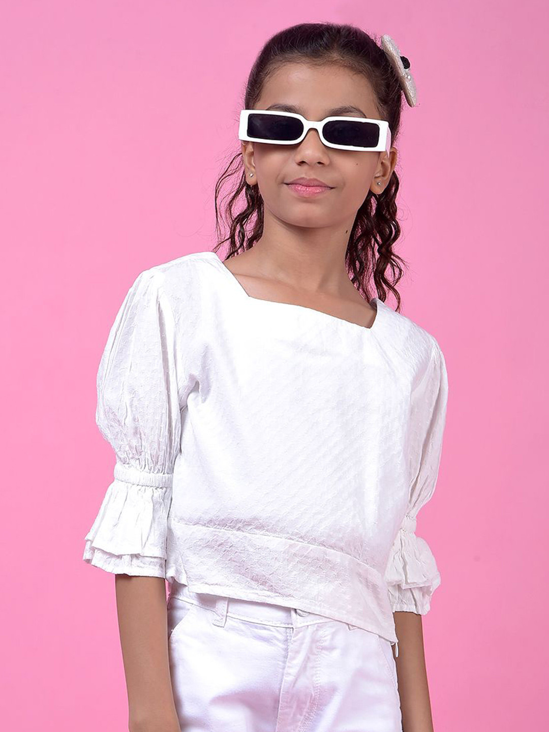 Crimsoune Club Square Neck Girls Bell Sleeve Cotton Crop Top