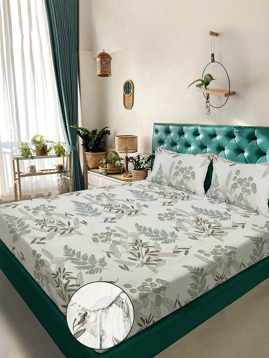 KLOTTHE Grey Floral Cotton Blend Fitted 300 TC King Bedsheet with 2 Pillow Covers