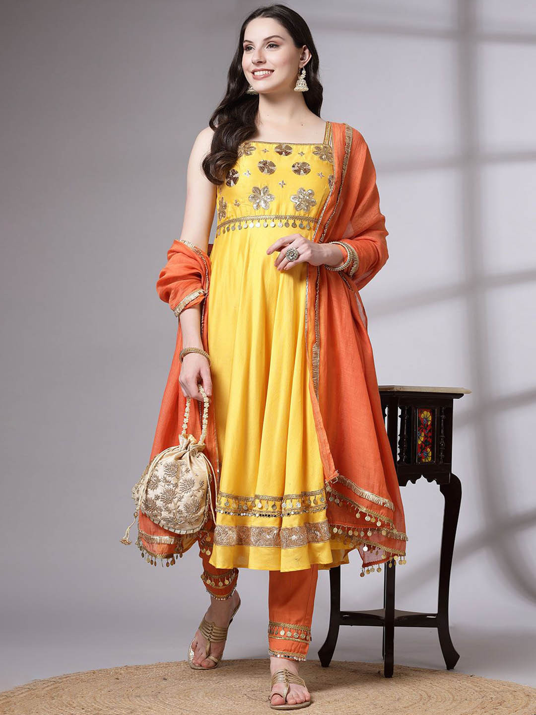 Utsav Fashion Women Yellow Embroidered Cotton Chanderi A-line Suit with Dupatta