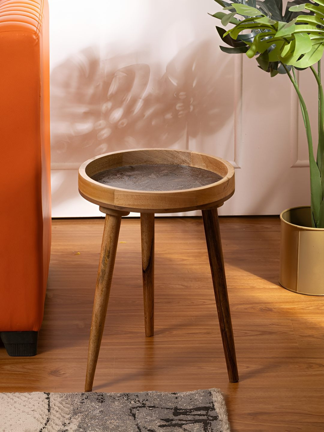 THREADVIBE LIVING Rose Gold & Brown Printed Mango Wood Round Shape Side End Table