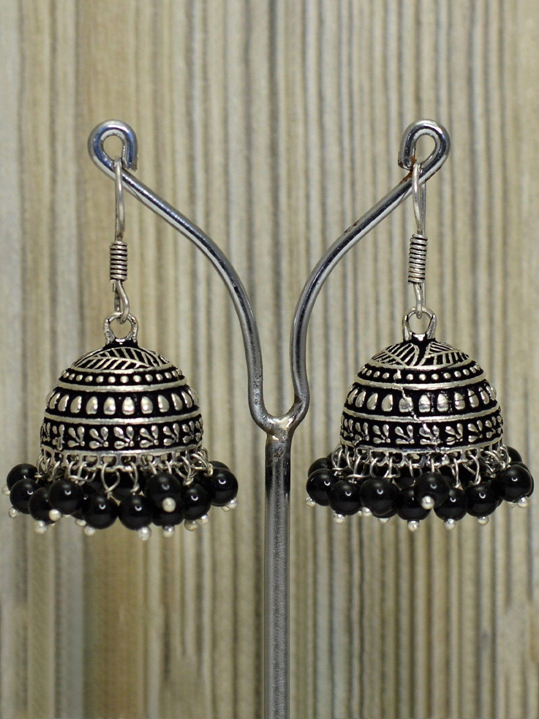 JEWELOPIA Silver-Plated Artificial Beaded Oxidised Dome Shaped Jhumkas
