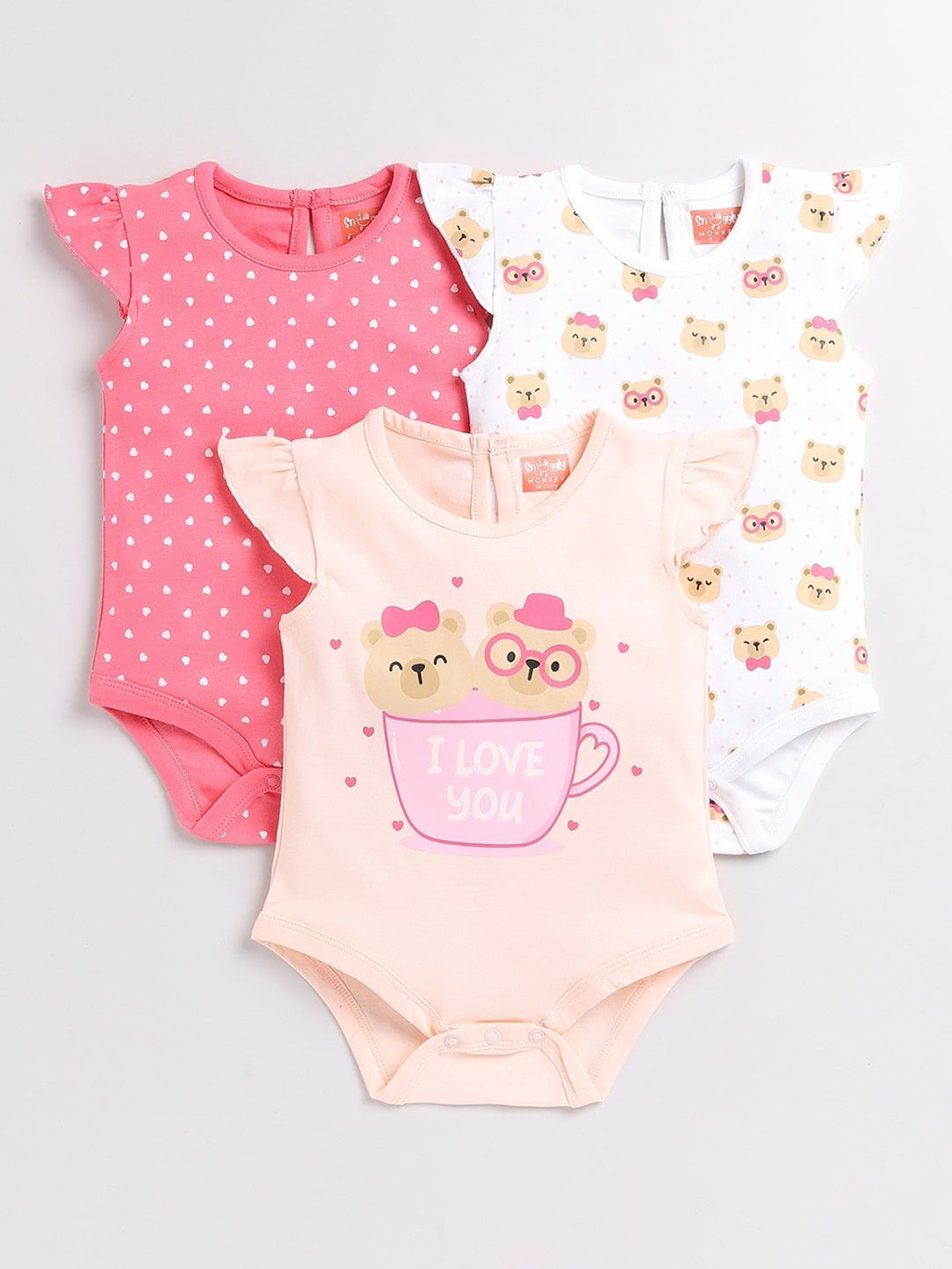 SNUGGLY MONKEY Girls Pack of 3 Teddy Print Cotton Bodysuits