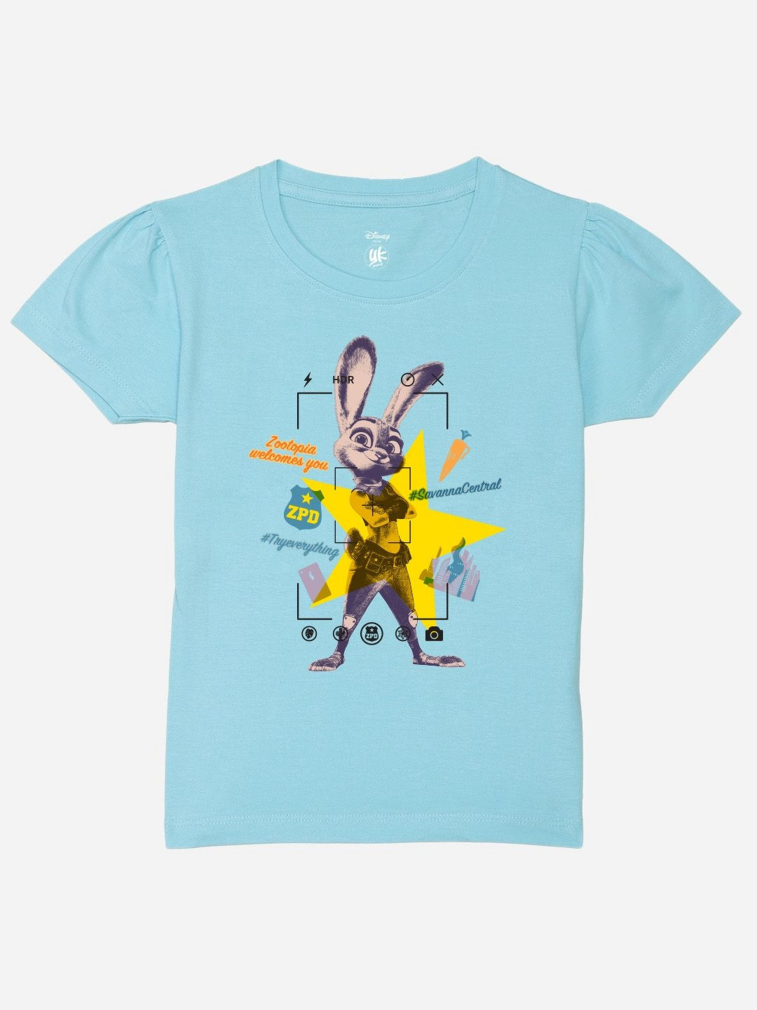 YK Disney Girls Zutopia Printed Puff Sleeves Pure Cotton T-shirt