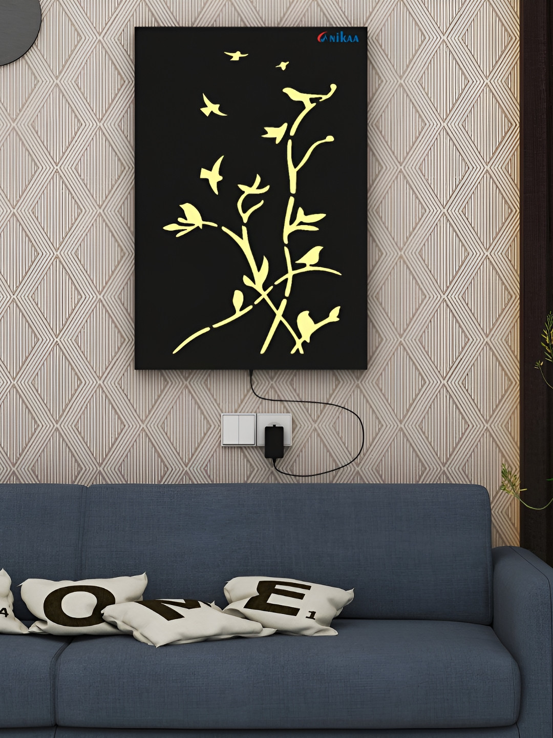 ANIKAA GlowWings Black & White Wooden Birds & Branches Design Wall Art
