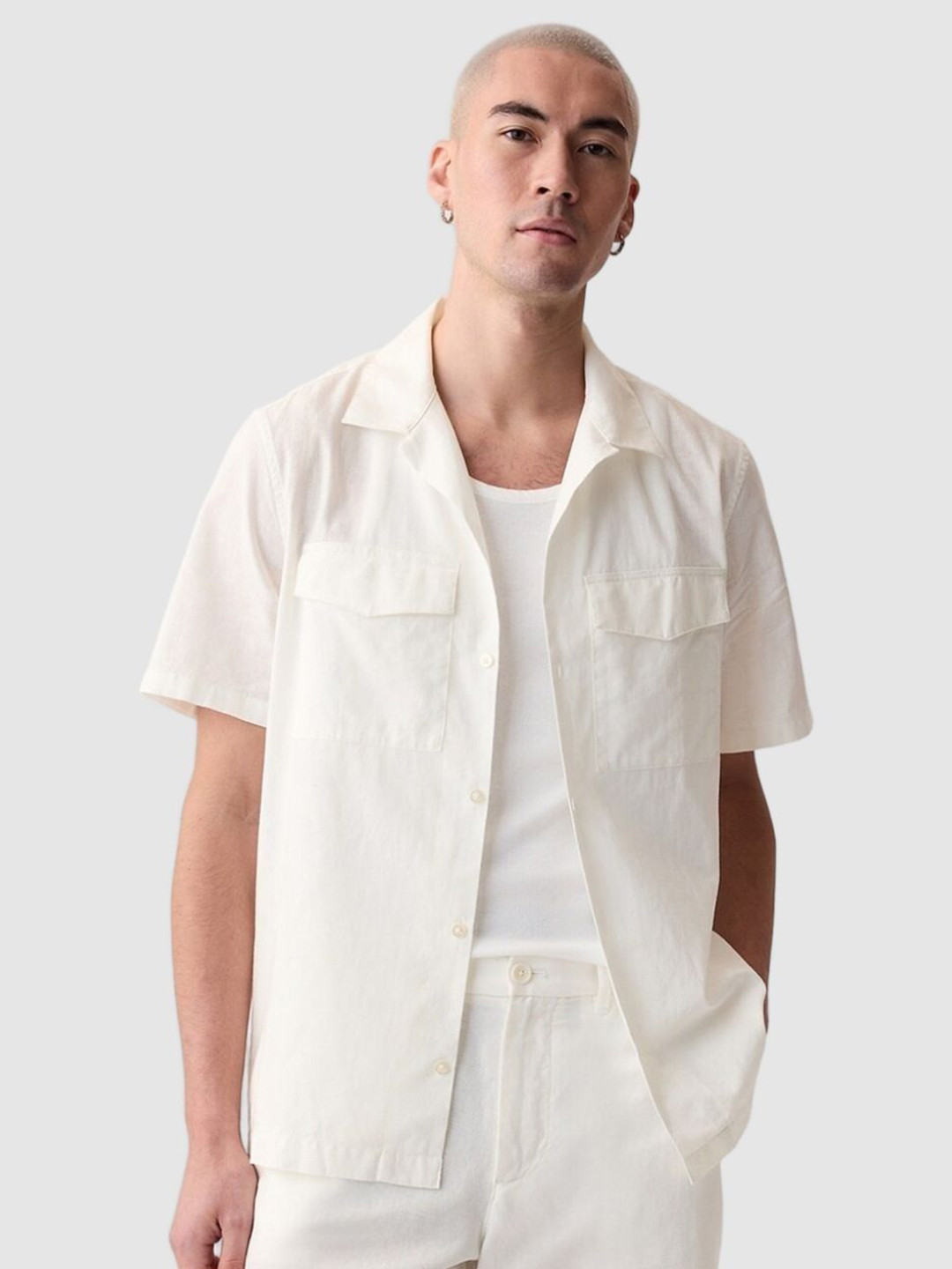 GAP Cuban Collar Cotton Linen Shirt With Patch Pockets