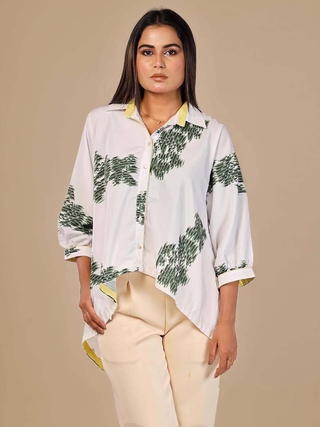 Bunosilo Bloom White green Floral Printed Puff Sleeve Cotton High-Low Tailored Top