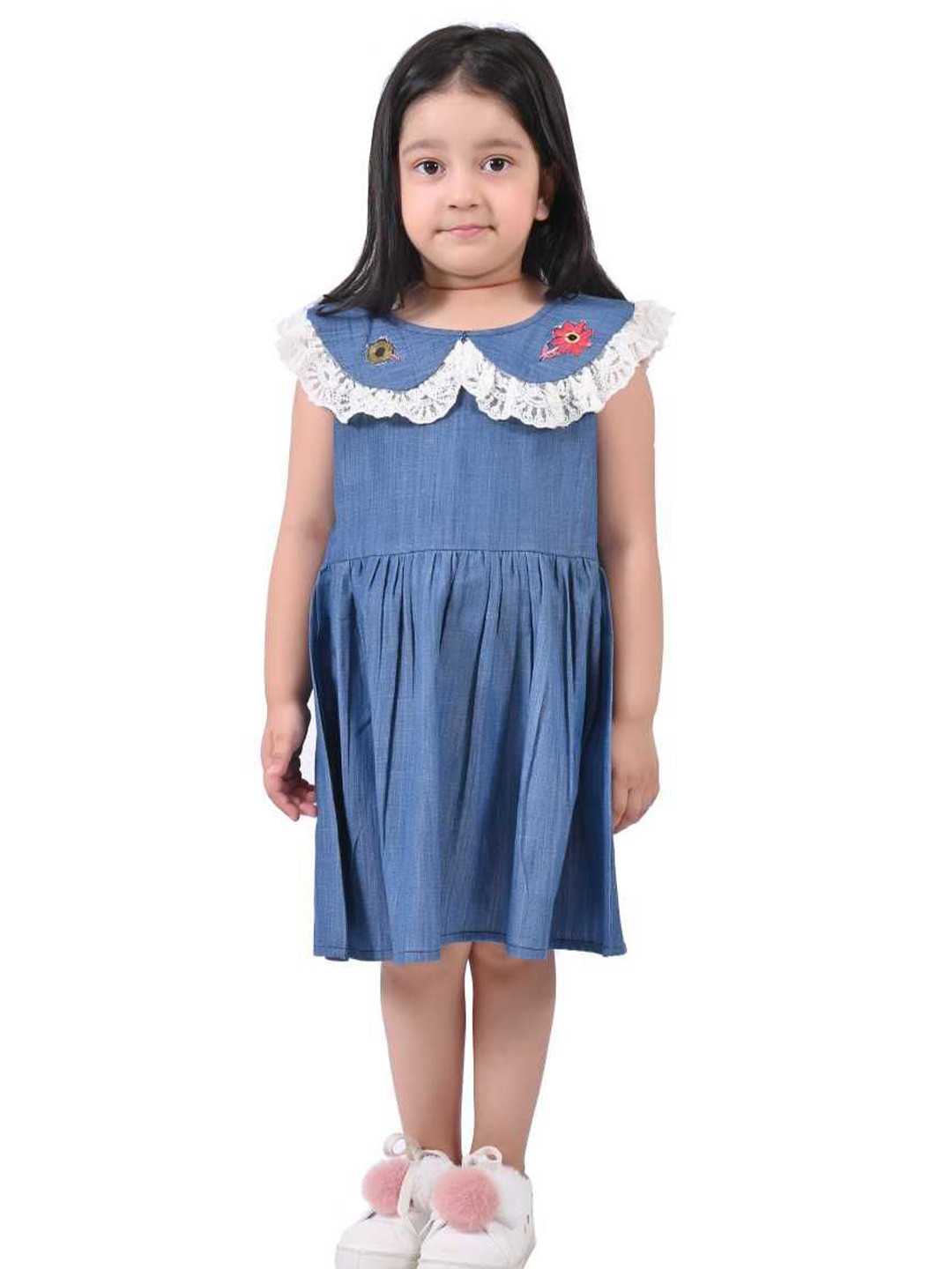Cloth Bites Girls Embroidered Denim Fit and Flare Dress