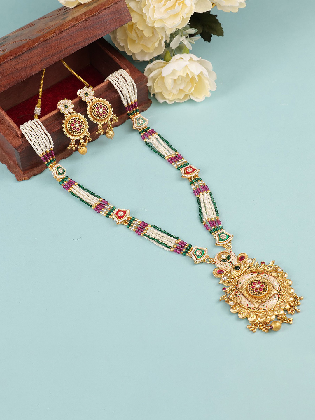 JIYANSHI FASHION Copper-Plated Stones Studded & Beaded Jewellery Set